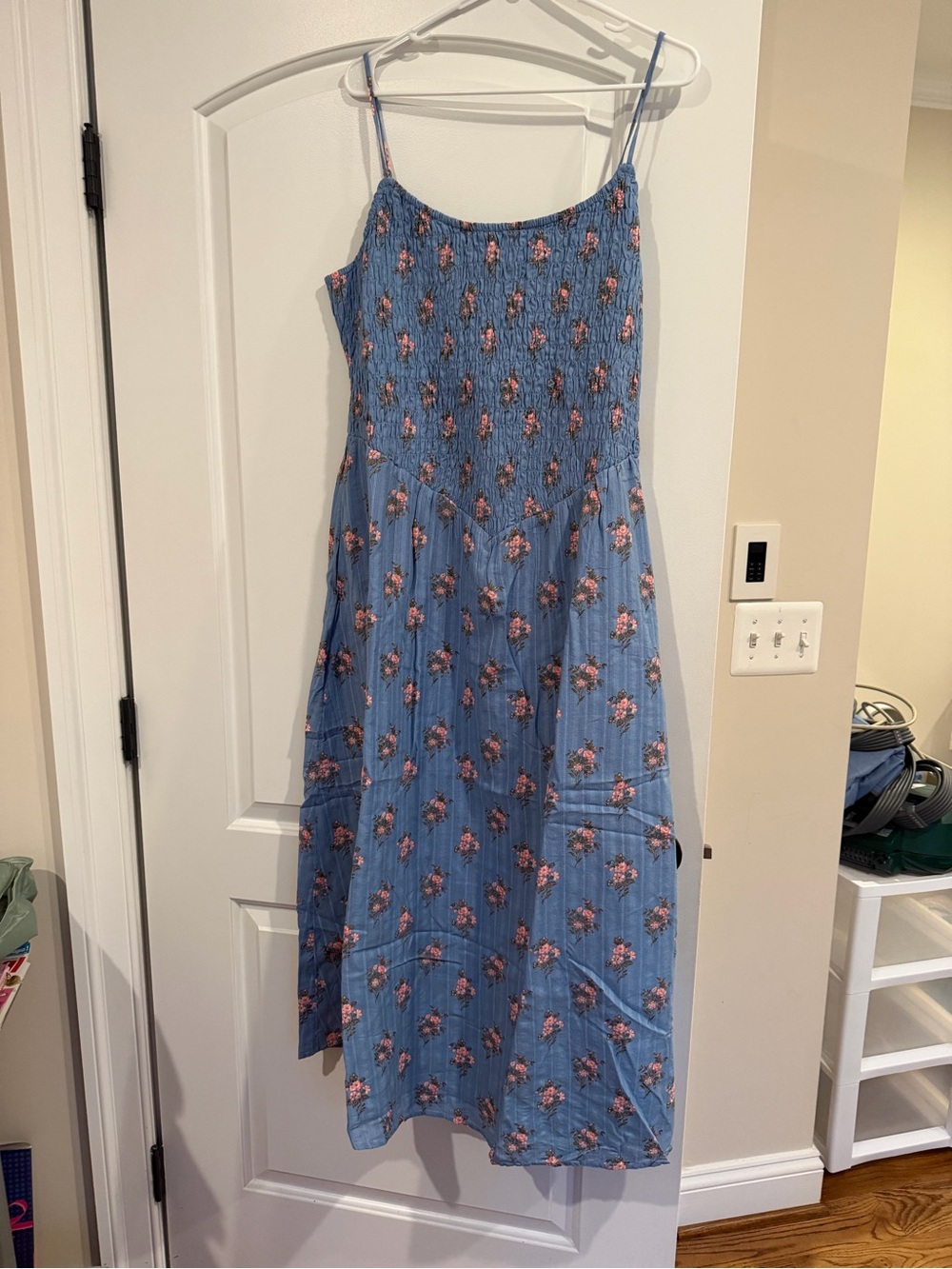 Blue Floral Smocked Midi Dress